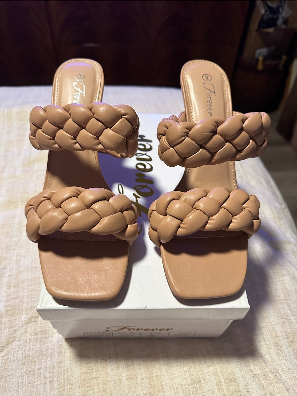 Forever Square 68 Nude Braided Heeled Sandals With Square Toe & Slip-On 4” heel. - Picture 6 of 10